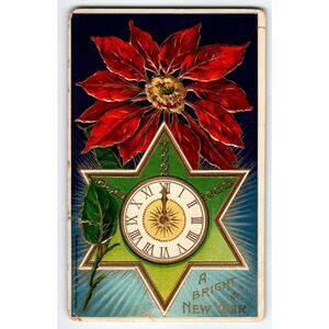 Vintage 1912 New Year Postcard Poinsettia Clock Divided Back Lithograph